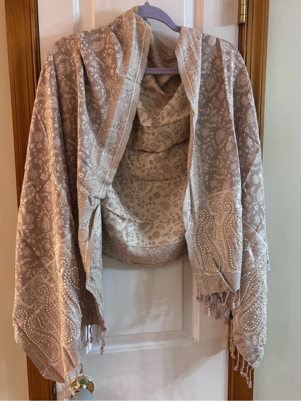 NEW Elegant Taupe Paisley Embroidered Shawl Scarf Pearls Fringe Intricate